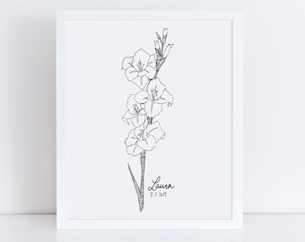 Printable Custom Birth Flower Art Print / Nursery Wall Art / Birthday Flower Gift / Floral Wall Art / Black and White Flowers / Baby Gift