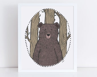 Bear Portrait Art Print / Giclee Art Print / Cute Bear Art / Cute Animal Wall Art / Nursery Wall Art / Kids Room Decor / Forest Animal Art