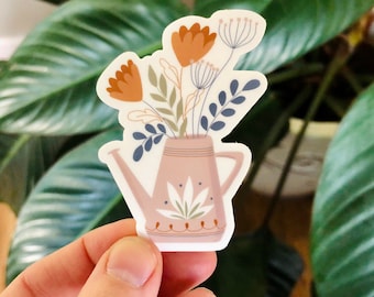 Floral Watering Can Sticker, Hand-drawn Botanical Vinyl Decal