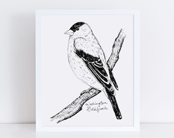 Washington Goldfinch State Bird Art Print /  Washington Decor / Goldfinch Drawing / Washington Gift / Black and White Bird Drawing