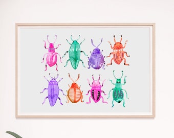 Watercolor Beetles Art Print / Nursery Art / Cute Bugs Wall Art / Beetle Art / Insect Decor / Bug Art Print / Nature Decor