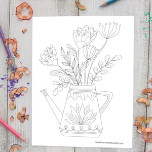 Watering Can and Wildflowers Coloring Sheet for Adults and Kids / Gardening Coloring Page / Flower Doodle Download / Printable Coloring Page