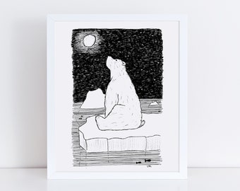 Thoughtful Polar Bear Art Print / Polar Bear Art / Winter Decor / Animal Wall Art / Black and White Art / Giclee Art Print