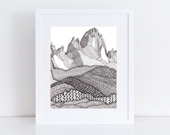 Patronen op Patagonia Art Print / Mountain Art Print / Giclee Print / Zwart-wit kunst / Landschap Wall Art