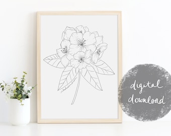 Afdrukbare Rhododendren Drawing Art Print / Floral Art / Botonical Print / Zwart-wit bloem tekening / Botanische illustratie wall art