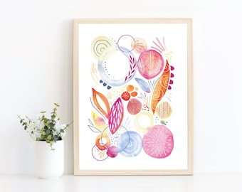 Watercolor Petals and Shapes Art Print / Bright Abstract Watercolor Art / Colorful Watercolor Wall Decor / Nursery Decor