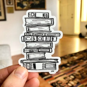 Stack of Books Sticker / Book Lover Gift / Library Sticker / Book Lover Stocking Stuffer / Black and White Books Drawing image 1