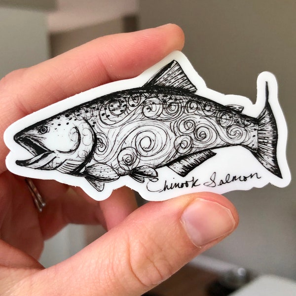 Chinook Salmon Vinyl Sticker / Salmon Gift / Pacific Northwest Sticker / Black and White Salmon Drawing / Fish Sticker / Salmon Art