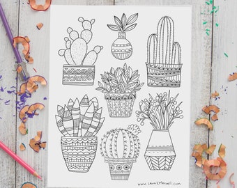 Potted Plants Coloring Sheet for Adults and Kids / Succulent Coloring Page / Digital Download Coloring / Instant Download Coloring Page