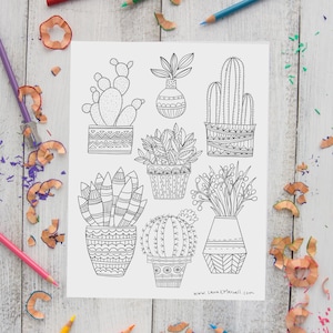 Potted Plants Coloring Sheet for Adults and Kids / Succulent Coloring Page / Digital Download Coloring / Instant Download Coloring Page