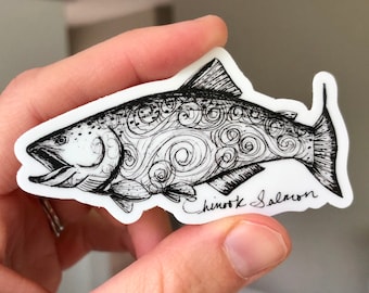 Chinook Salmon Vinyl Sticker / Salmon Gift / Pacific Northwest Sticker / Black and White Salmon Drawing / Fish Sticker / Salmon Art