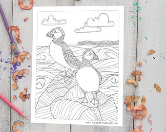 Puffins on a Rock Coloring Sheet for Adults and Kids / Bird Coloring Page / Digital Download Coloring / Instant Download Coloring Page
