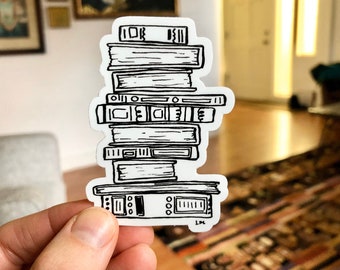 Stack of Books Sticker / Book Lover Gift / Library Sticker / Book Lover Stocking Stuffer / Black and White Books Drawing