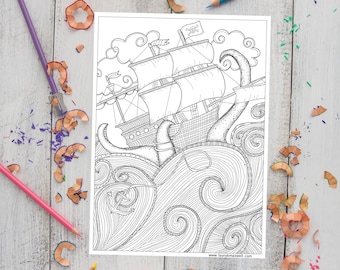 Pirate Peril Printable Coloring Page for Adults and Kids / Pirate Ship Coloring Sheet / Downloadable Coloring Page / Nautical Coloring Book