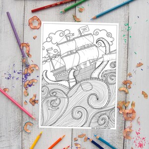 May include: A black and white line drawing of a pirate ship being attacked by a giant octopus. The ship has a skull and crossbones flag and is surrounded by swirling waves. The image is perfect for coloring.
