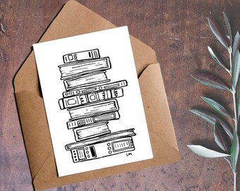 Stack of Books Note Card / Blank Greeting Card / Black and White Stationary / Book Lovers Card / Library Greeting Card / Bookworm Card