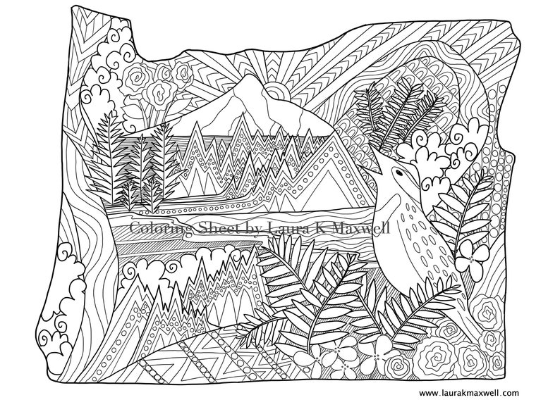 Oregon Coloring Sheet for Adults and Kids 11x8.5 / Oregon Coloring Page / Oregon Map / Instant Download / Printable Activity image 2