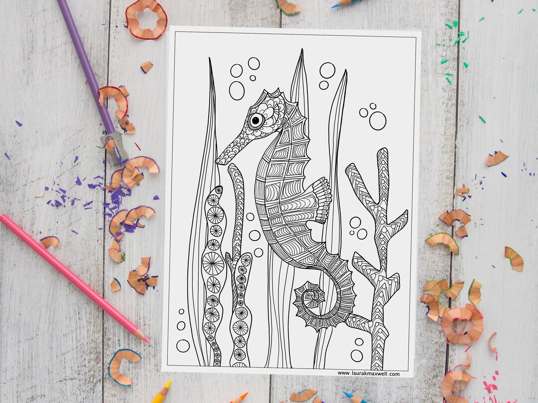 Sea Horse Printable Coloring Page for Adults and Kids / Ocean Animal