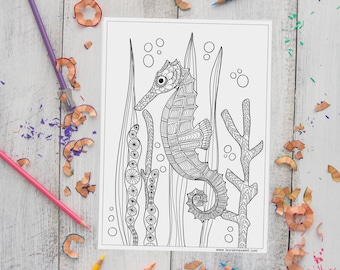 Sea Horse Printable Coloring Page for Adults and Kids / Ocean Animal Coloring Sheet / Downloadable Coloring Page / Coastal Coloring Book