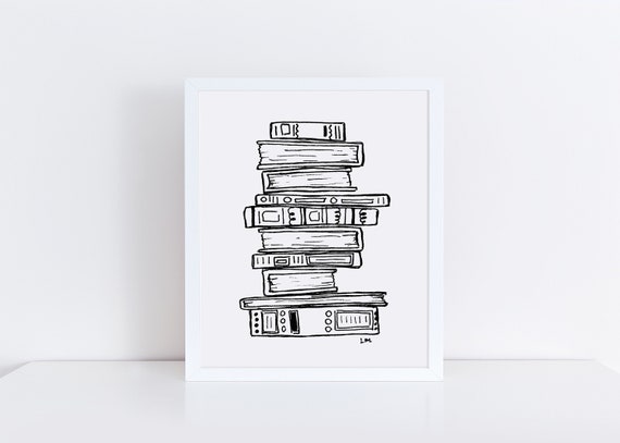 Stack of Books Art Print / Black and White Books Art / Library