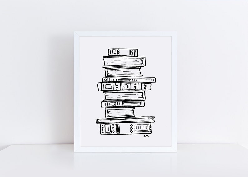 Stack of Books Art Print / Black and White Books Art / Library Decor / Book Art / Black and White Art / Giclee Art Print / Gift for Reader image 1