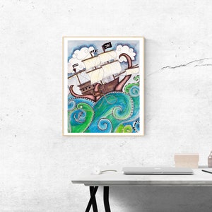 Pirate Peril Art Print / Pirate Ship Wall Art / Sea Monster Art / Ocean Wall Art / Nautical Print / Bathroom Decor / Sea Monster Wall Art image 3