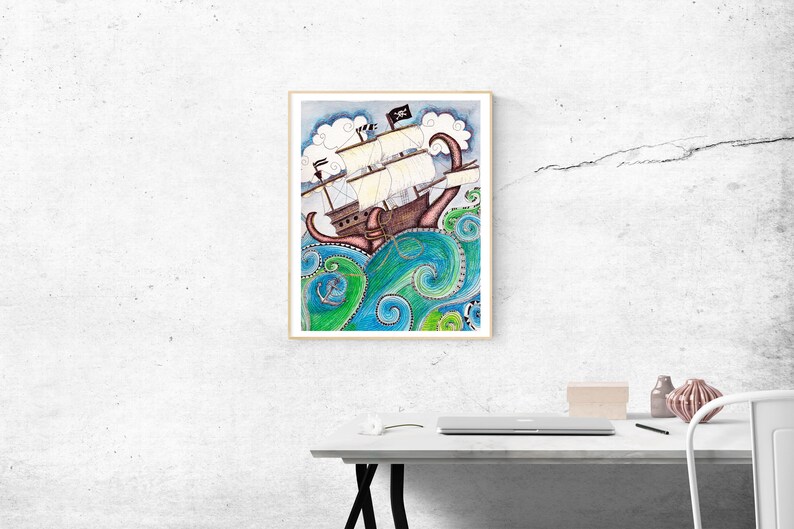 Pirate Peril Art Print / Pirate Ship Wall Art / Sea Monster Art / Ocean Wall Art / Nautical Print / Bathroom Decor / Sea Monster Wall Art image 3