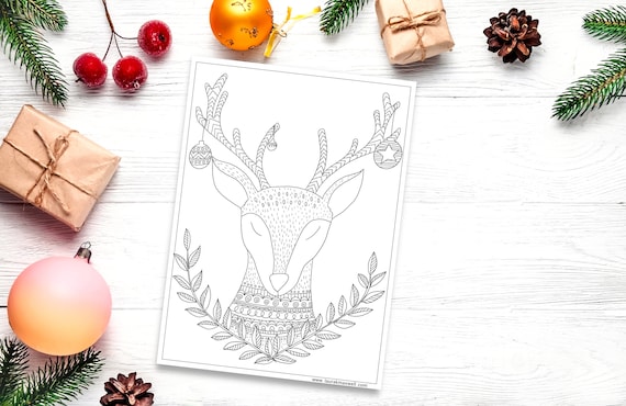 Christmas Reindeer Coloring Sheet for Adults and Kids