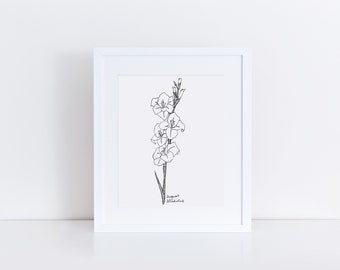August Gladiolus Art Print / Birth Flower Print / Gladiolus Wall Art / Botanical Art Print / August Birthday Gift / Flower Wall Art