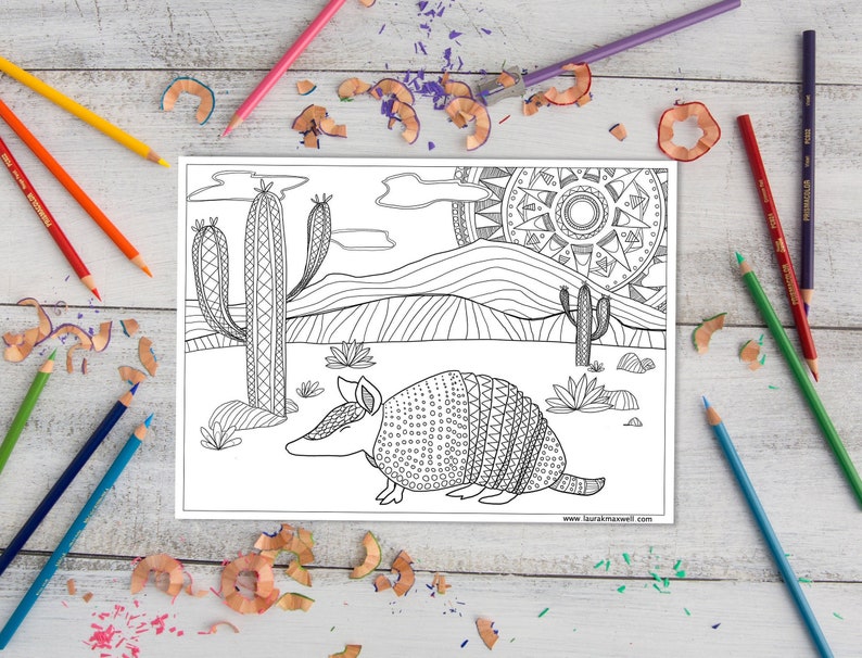 Armadillo Desert Coloring Sheet for Adults and Kids / Armadillo Coloring Page / Desert Art / Instant Download / Printable Activity image 1