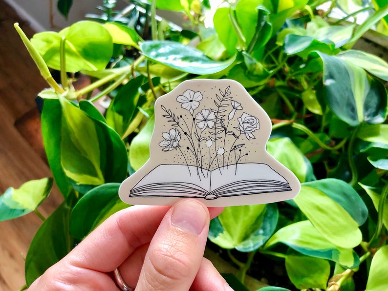 Flowers and Book Vinyl Sticker / Book Lover Gift / Library Sticker / Black and White Book Drawing / Floral Sticker / Open Book Art image 1