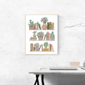 Potted Plants and Bookshelf Art Print / Library Art Print / image 2