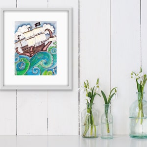 Pirate Peril Art Print / Pirate Ship Wall Art / Sea Monster Art / Ocean Wall Art / Nautical Print / Bathroom Decor / Sea Monster Wall Art image 2