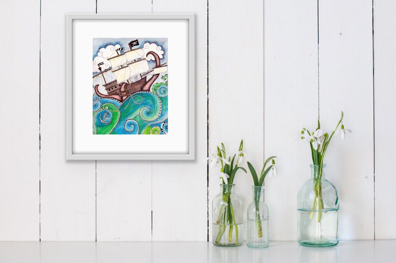 Pirate Peril Art Print / Pirate Ship Wall Art / Sea Monster Art / Ocean Wall Art / Nautical Print / Bathroom Decor / Sea Monster Wall Art image 2