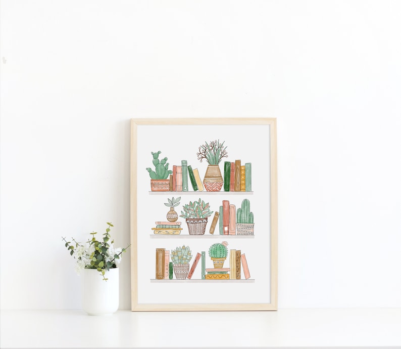 Potted Plants and Bookshelf Art Print / Library Art Print / image 1