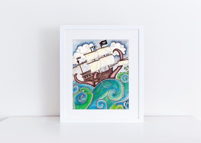 Pirate Peril Art Print / Pirate Ship Wall Art / Sea Monster Art / Ocean Wall Art / Nautical Print / Bathroom Decor / Sea Monster Wall Art image 1
