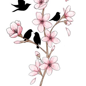 May include: A branch of a pink cherry blossom tree with four small black birds perched on the branches. One bird is flying above the tree.