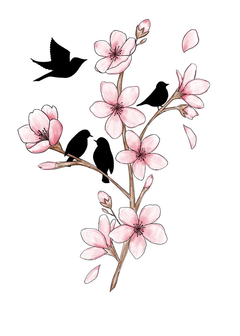 May include: A branch of a pink cherry blossom tree with four small black birds perched on the branches. One bird is flying above the tree.