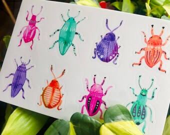 Watercolor Beetles Sticker Sheet/ Insect Stickers / Bugs Stickers / Vinyl Waterproof Sticker / Laptop Decals / Waterproof Stickers