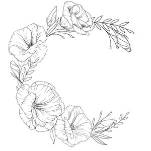 May include: A black and white line drawing of a floral wreath with delicate flowers and leaves. The wreath is arranged in a circular shape, with the flowers facing outwards.