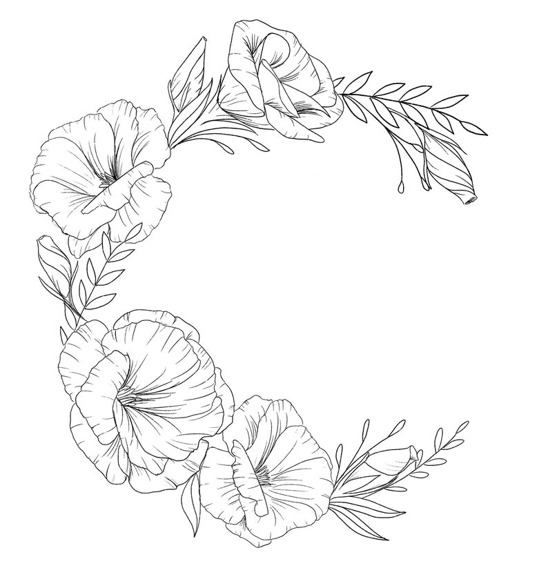 May include: A black and white line drawing of a floral wreath with delicate flowers and leaves. The wreath is arranged in a circular shape, with the flowers facing outwards.