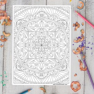 May include: A black and white intricate mandala coloring page with a geometric design. The page is printed on white paper and has a website address at the bottom.