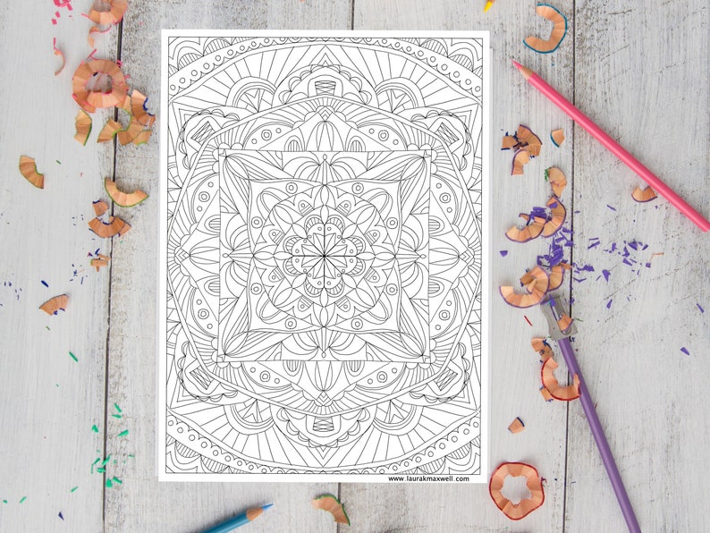 May include: A black and white intricate mandala coloring page with a geometric design. The page is printed on white paper and has a website address at the bottom.