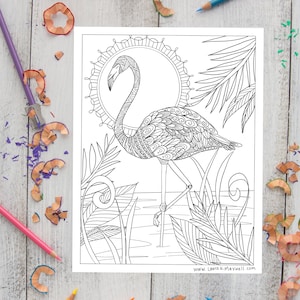 Fancy Flamingo Coloring Sheet for Adults and Kids / Cute Flamingo Coloring Page / Doodle Digital Download / Printable Coloring Page