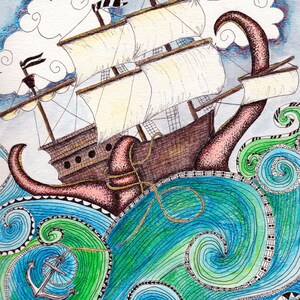 Pirate Peril Art Print / Pirate Ship Wall Art / Sea Monster Art / Ocean Wall Art / Nautical Print / Bathroom Decor / Sea Monster Wall Art image 4