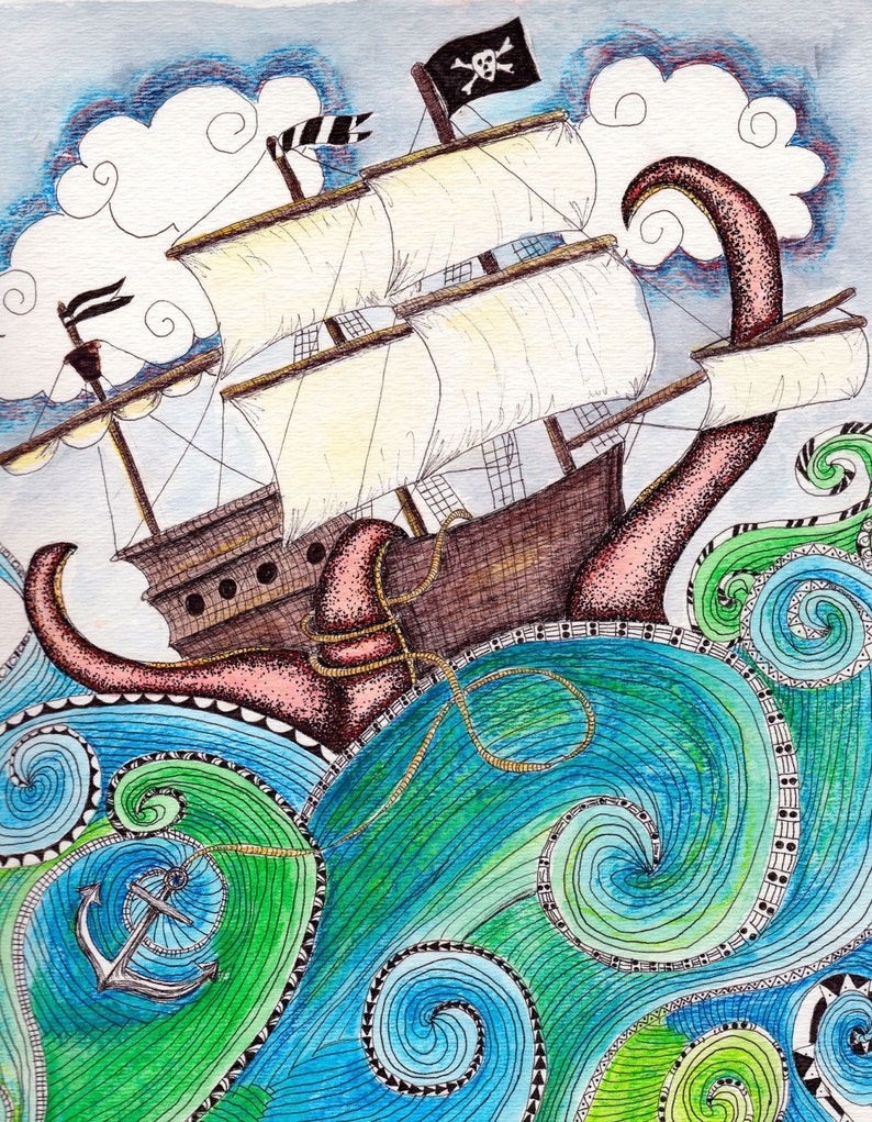 Pirate Peril Art Print / Pirate Ship Wall Art / Sea Monster Art / Ocean Wall Art / Nautical Print / Bathroom Decor / Sea Monster Wall Art image 4