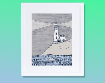 Oregon Coast Lighthouse Art Print, Yaquina Head Nautical Wall Decor