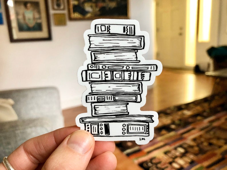 Stack of Books Sticker / Book Lover Gift / Library Sticker / Book Lover Stocking Stuffer / Black and White Books Drawing image 1