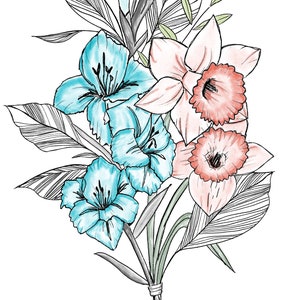 May include: A bouquet of flowers with blue and pink flowers, and green leaves. The flowers are tied together with a string.