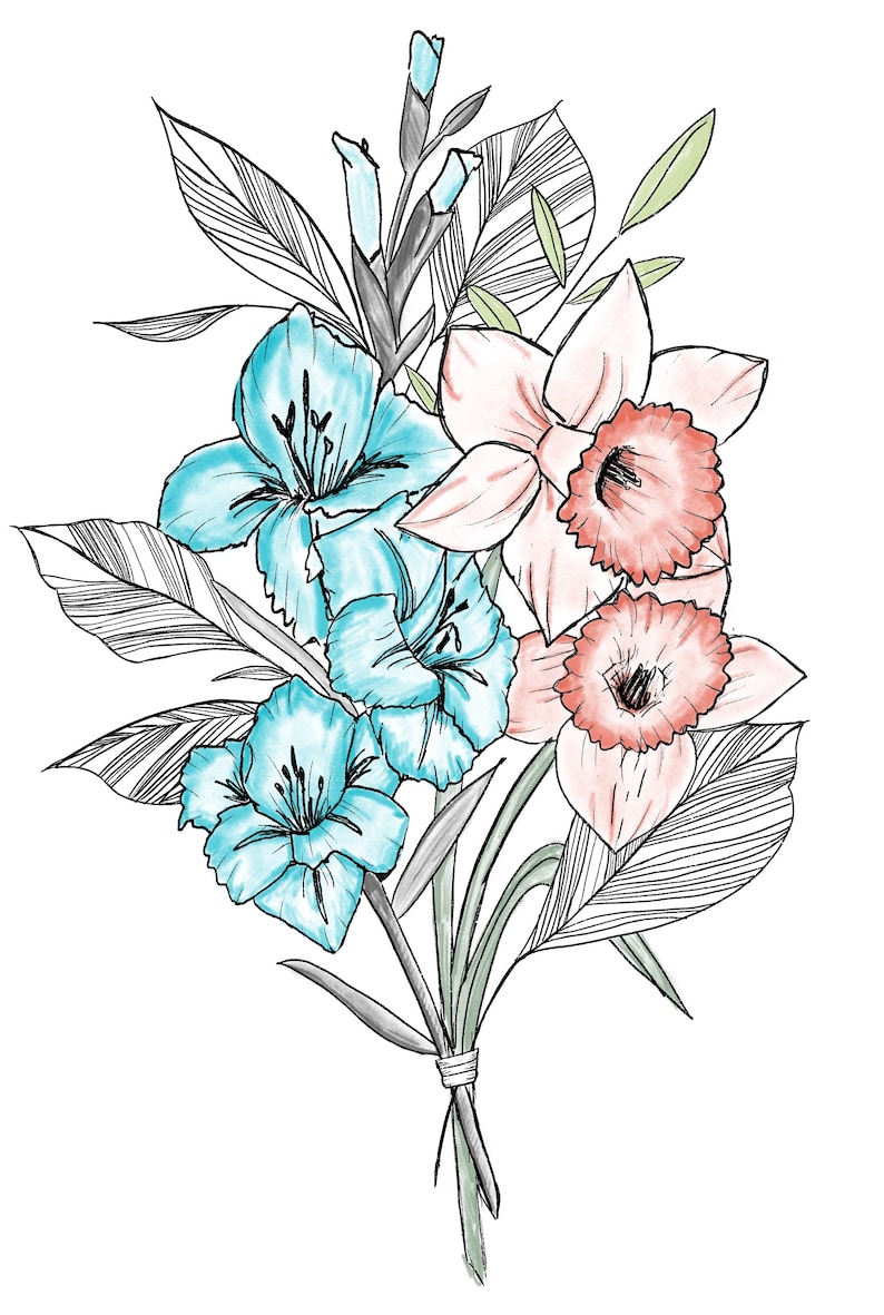 May include: A bouquet of flowers with blue and pink flowers, and green leaves. The flowers are tied together with a string.
